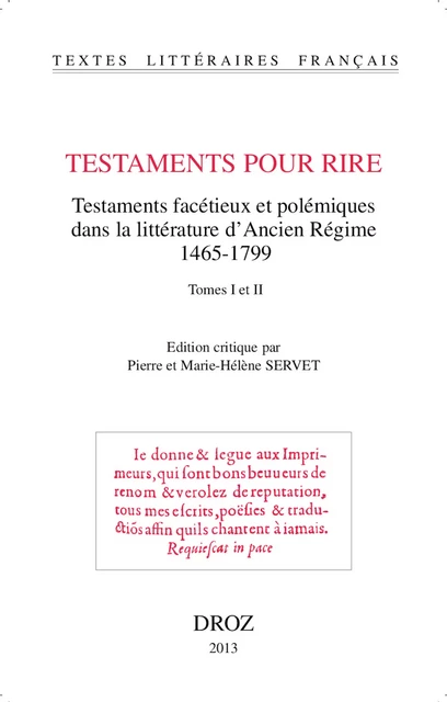 Testaments pour rire -  - Librairie Droz