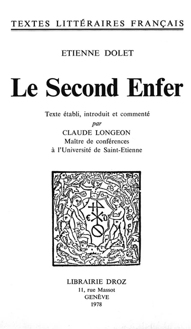 Le Second Enfer - Étienne Dolet - Librairie Droz