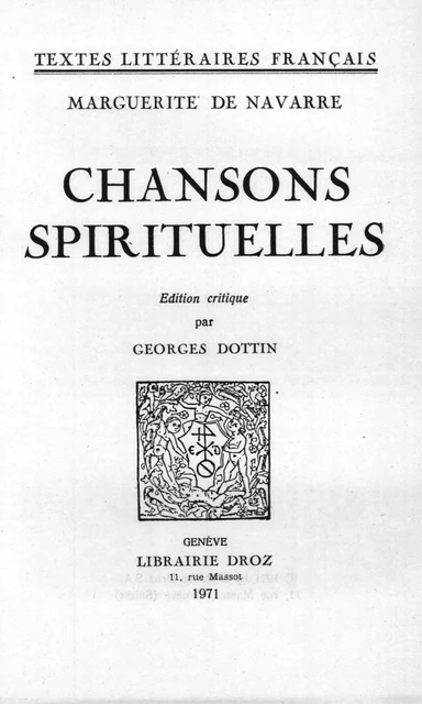 Chansons spirituelles - Marguerite de Navarre - Librairie Droz