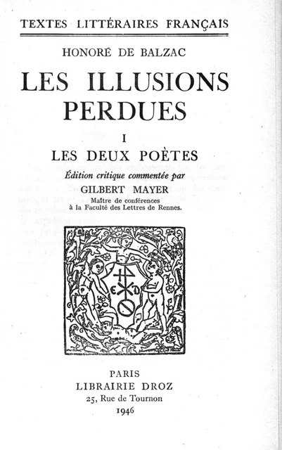 Les Illusions perdues - Honoré de Balzac - Librairie Droz