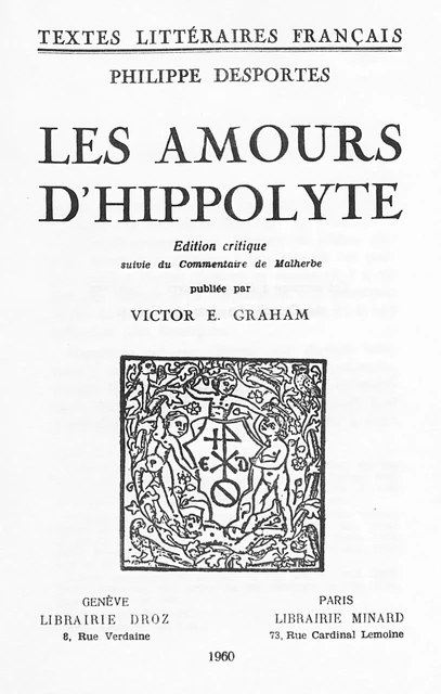 Les Amours d’Hippolyte - Philippe Desportes - Librairie Droz