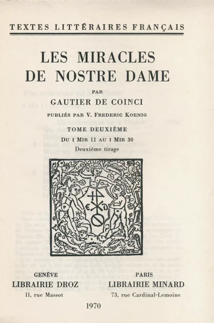 Les Miracles de Nostre Dame - Gautier de Coinci - Librairie Droz