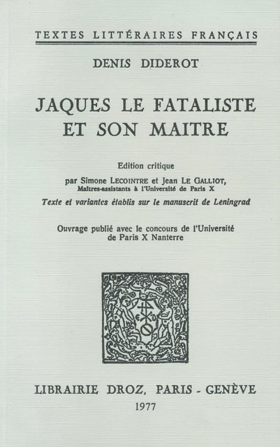 Jacques le fataliste et son maître - Denis Diderot - Librairie Droz