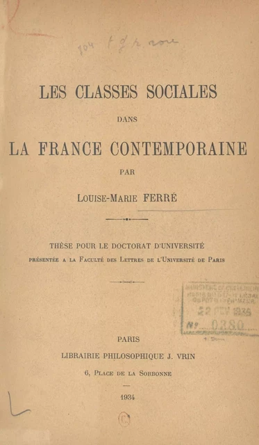 Les classes sociales dans la France contemporaine - Louise-Marie Ferré - FeniXX réédition numérique