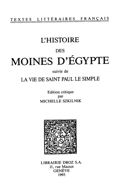 L’Histoire des moines d’Egypte -  - Librairie Droz