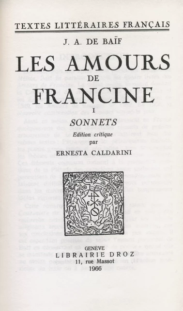 Les Amours de Francine - Jean-Antoine de Baïf - Librairie Droz