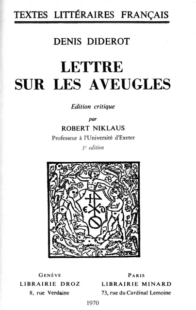 Lettres sur les Aveugles - Denis Diderot - Librairie Droz