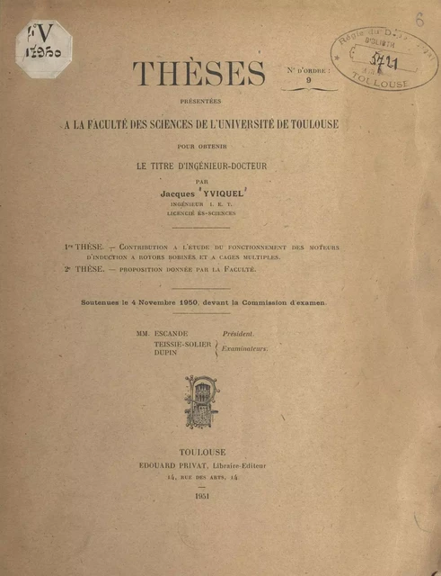 Contribution à l'étude du fonctionnement des moteurs d'induction à rotors bobinés et à cages multiples - Jacques Yviquel - FeniXX réédition numérique