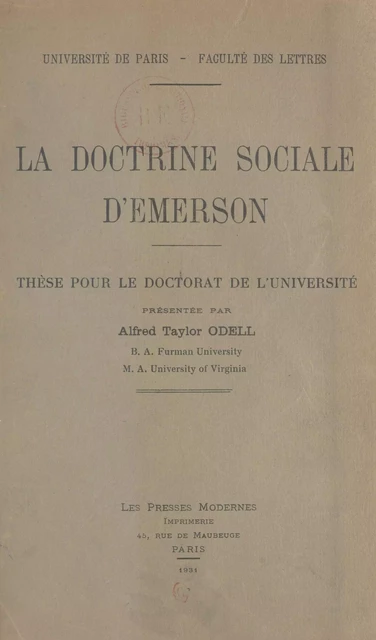 La doctrine sociale d'Emerson - Alfred Taylor Odell - FeniXX réédition numérique