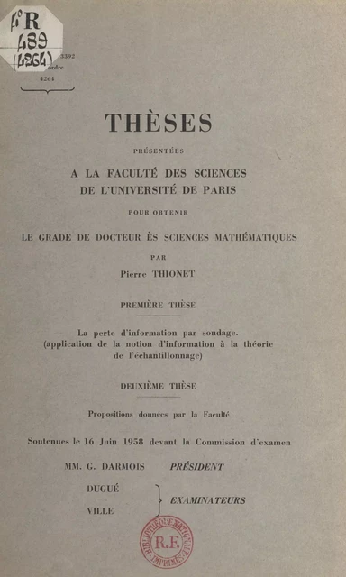 La perte d'information par sondage - Pierre Thionet - FeniXX réédition numérique