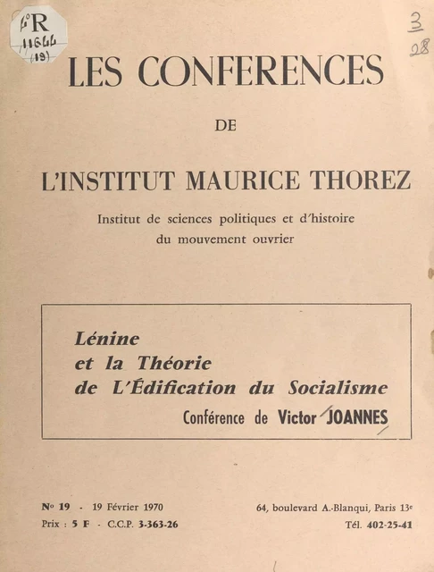 Lénine et la théorie de l'édification du socialisme - Victor Joannes - FeniXX réédition numérique