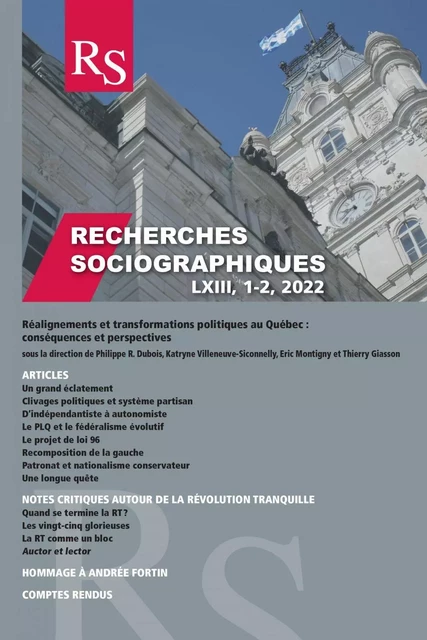 Recherches sociographiques vol 63, 1-2, 2022 - Philippe R. Dubois, Katryne Villeneuve-Siconnelly, Éric Montigny, Thierry Giasson, Éric Bélanger, Jean-François Godbout, Adam Margineanu-Plante, Gustavo Gabriel Santafé, Félix Mathieu, Samuel Lemire, Thomas Collombat, Xavier Lafrance, Peter Graefe, Noah Fry, Daniel Latouche, Guillaume Huot, Marc André Bodet, Éric Bédard, Andrée Fortin, Dominique Morin, Yvan Lamonde, Martin Pâquet, Stéphane Savard - Recherches sociographiques - Département de sociologie, Faculté des sciences sociales, Université Laval