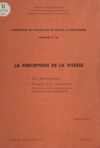 La perception de la vitesse - Alain Berthoz, Bernard Pavard - FeniXX réédition numérique