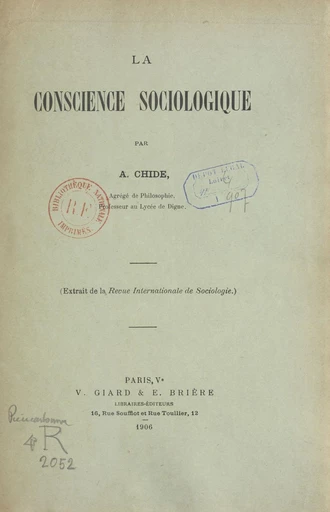 La conscience sociologique - Alphonse Chide - FeniXX réédition numérique