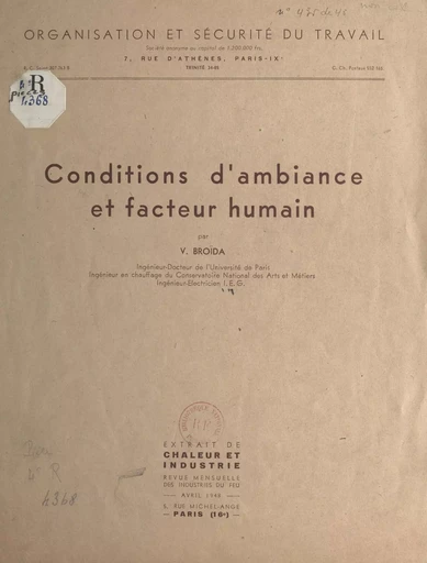 Conditions d'ambiance et facteur humain - V. Broïda - FeniXX réédition numérique