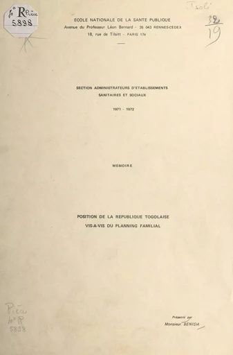 Position de la République togolaise vis-à-vis du planning familial - Agouda Benida - FeniXX réédition numérique