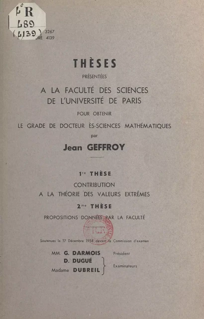 Contribution à la théorie des valeurs extrêmes - Jean Geffroy - FeniXX réédition numérique