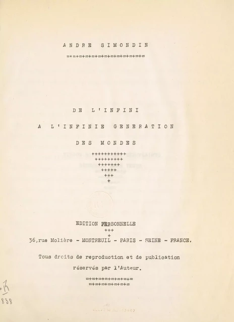 De l'infini à l'infinie génération des mondes - André Simondin - FeniXX réédition numérique