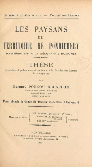 Les paysans du territoire de Pondichéry - Bernard Ponnou Delaffon - FeniXX réédition numérique