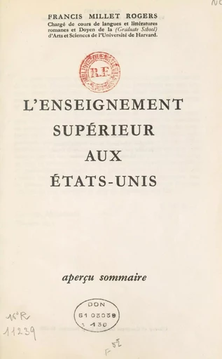 L'enseignement supérieur aux États-Unis - Francis Millet Rogers - FeniXX réédition numérique