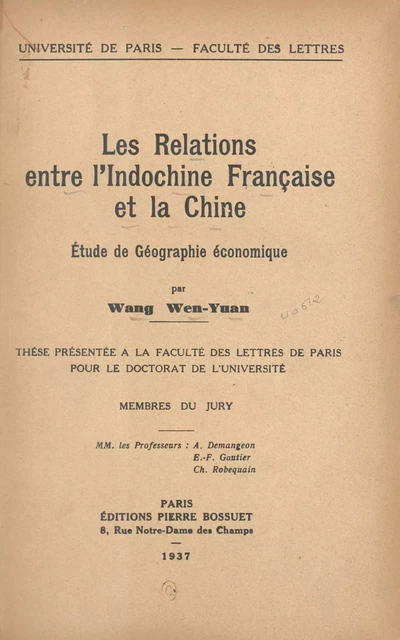 Les relations entre l'Indochine française et la Chine - Wang Wen-Yuan - FeniXX réédition numérique