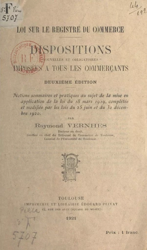 Loi sur le registre du commerce - Raymond Vernhes - FeniXX réédition numérique