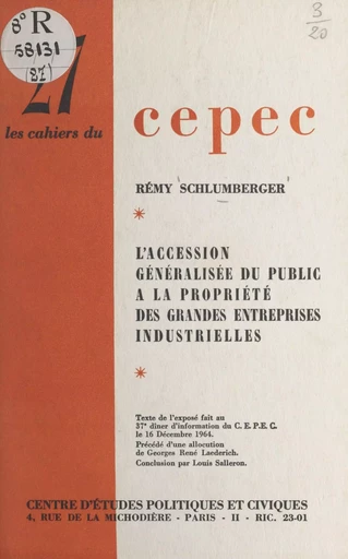 L'accession généralisée du public à la propriété des grandes entreprises industrielles - Rémy Schlumberger - FeniXX réédition numérique