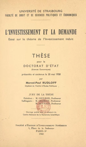 L'investissement et la demande - Marcel-Paul Rudloff - FeniXX réédition numérique