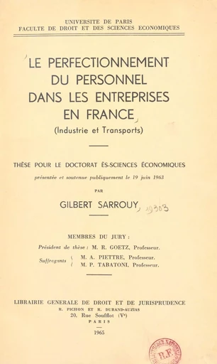 Le perfectionnement du personnel dans les entreprises en France - Gilbert Sarrouy - FeniXX réédition numérique