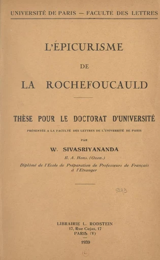 L'épicurisme de la Rochefoucauld - W. Sivasriyananda - FeniXX réédition numérique