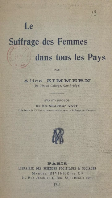 Le suffrage des femmes dans tous les pays - Alice Zimmern - FeniXX réédition numérique