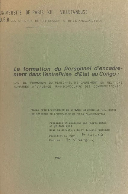 La formation du personnel d'encadrement dans l'entreprise d'État au Congo - Pierre Dombo - FeniXX réédition numérique