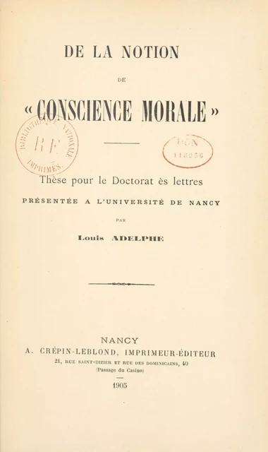 De la notion de conscience morale - Louis Adelphe - FeniXX réédition numérique