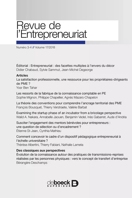 Revue de l’Entrepreneuriat -  Collectif - Revues De Boeck Supérieur