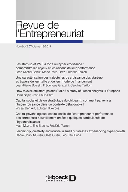 Revue de l’Entrepreneuriat -  Collectif - Revues De Boeck Supérieur