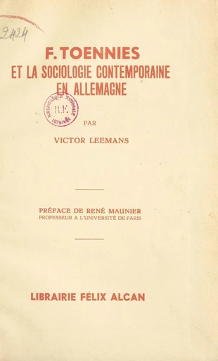 F. Toennies et la sociologie contemporaine en Allemagne - Victor Leemans - FeniXX réédition numérique