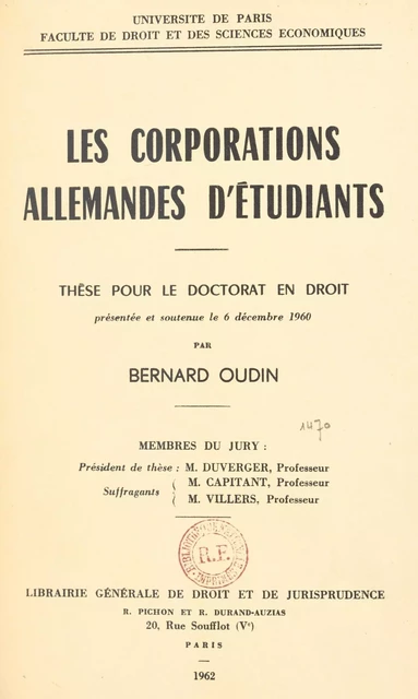 Les corporations allemandes d'étudiants - Bernard Oudin - FeniXX réédition numérique