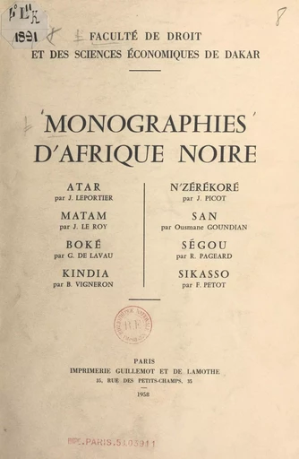 Monographies d'Afrique noire - G. de Lavau, Ousmane Goundian, J. Le Roy - FeniXX réédition numérique