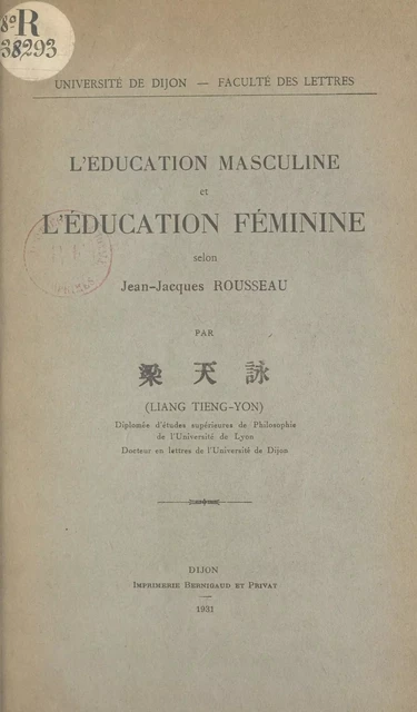 L'éducation masculine et l'éducation féminine selon Jean-Jacques Rousseau - Tieng-Yon Liang - FeniXX réédition numérique