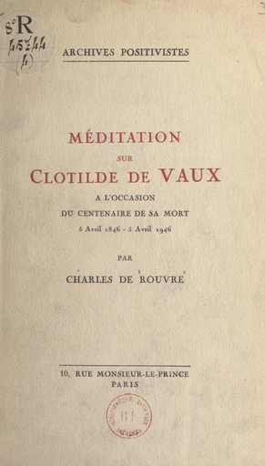 Méditation sur Clotilde de Vaux - Charles de Rouvre - FeniXX réédition numérique