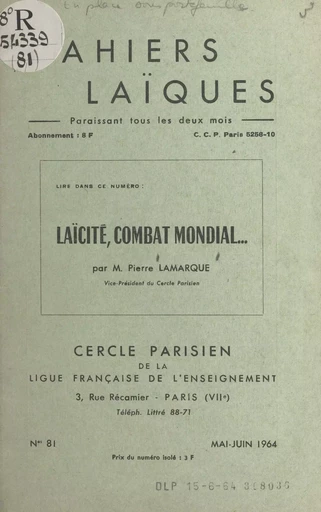 Laïcité, combat mondial... - Pierre Lamarque - FeniXX réédition numérique