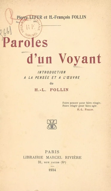 Paroles d'un voyant - H.-François Follin, Pierre Lefer - FeniXX réédition numérique