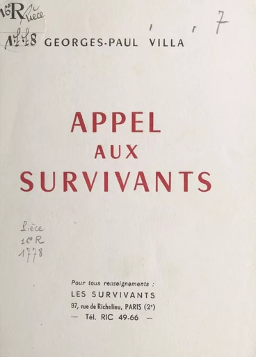 Appel aux survivants - Georges-Paul Villa - FeniXX réédition numérique