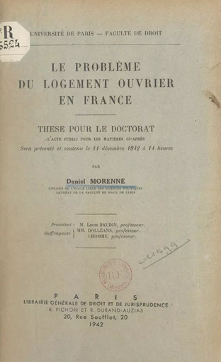 Le problème du logement ouvrier en France - Daniel Morenne - FeniXX réédition numérique