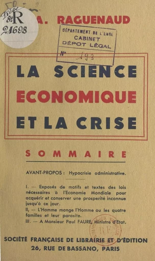 La science économique et la crise - A. Raguenaud - FeniXX réédition numérique