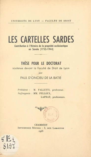 Les cartelles sardes - Paul d'Oncieu de La Batie - FeniXX réédition numérique