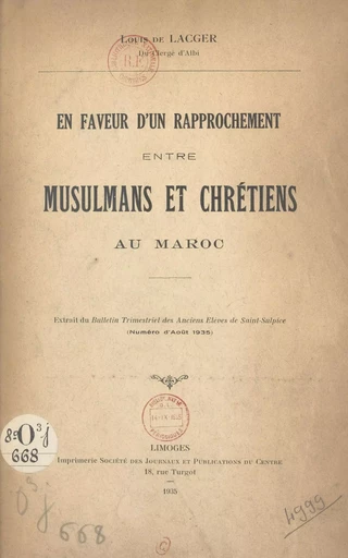 En faveur d'un rapprochement entre musulmans et chrétiens au Maroc - Louis de Lacger - FeniXX réédition numérique