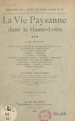 La vie paysanne dans la Haute-Loire (3) - Ulysse Rouchon - FeniXX réédition numérique