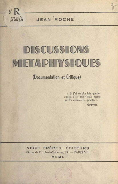 Discussions métaphysiques - Jean Roche - FeniXX réédition numérique