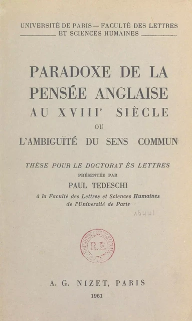 Paradoxe de la pensée anglaise au XVIIIe siècle - Paul Tedeschi - FeniXX rédition numérique